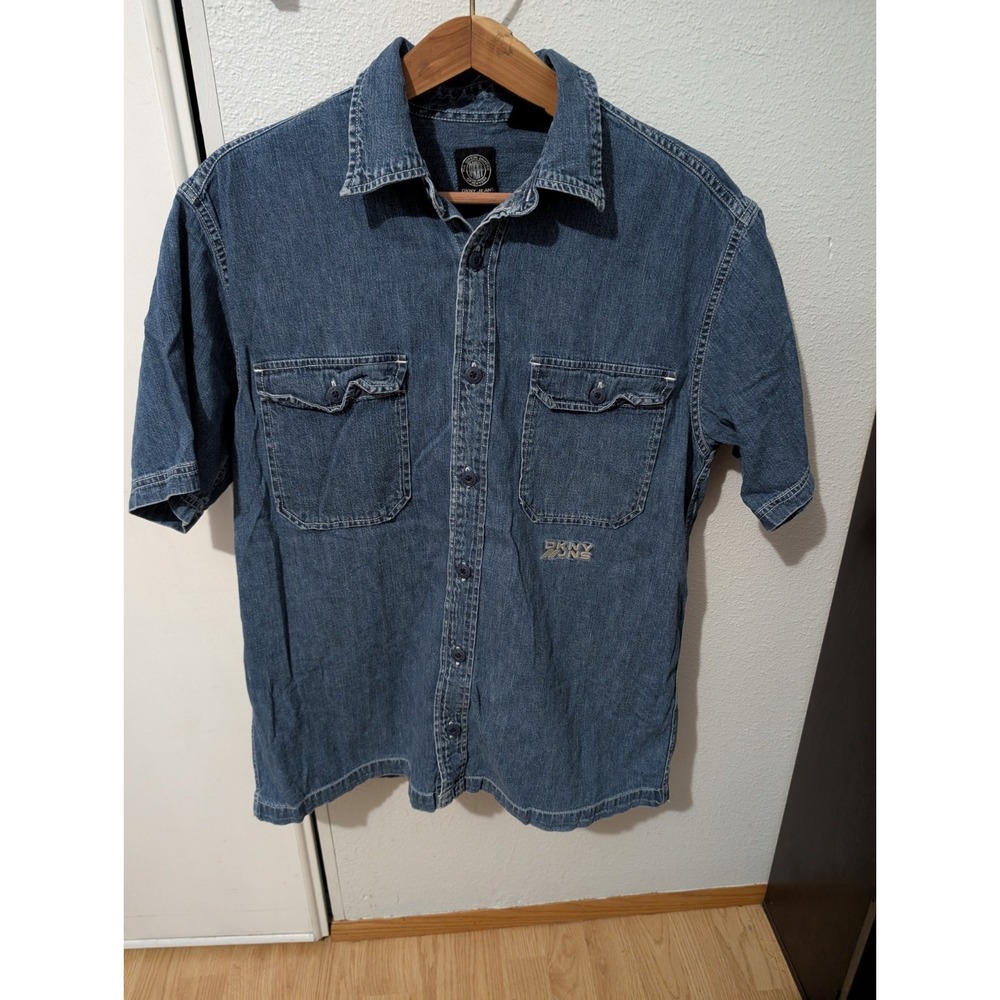 Vintage 90s RARE DKNY Jeans Blue Button Down Shirt Mens Short Sleeve Size Med.